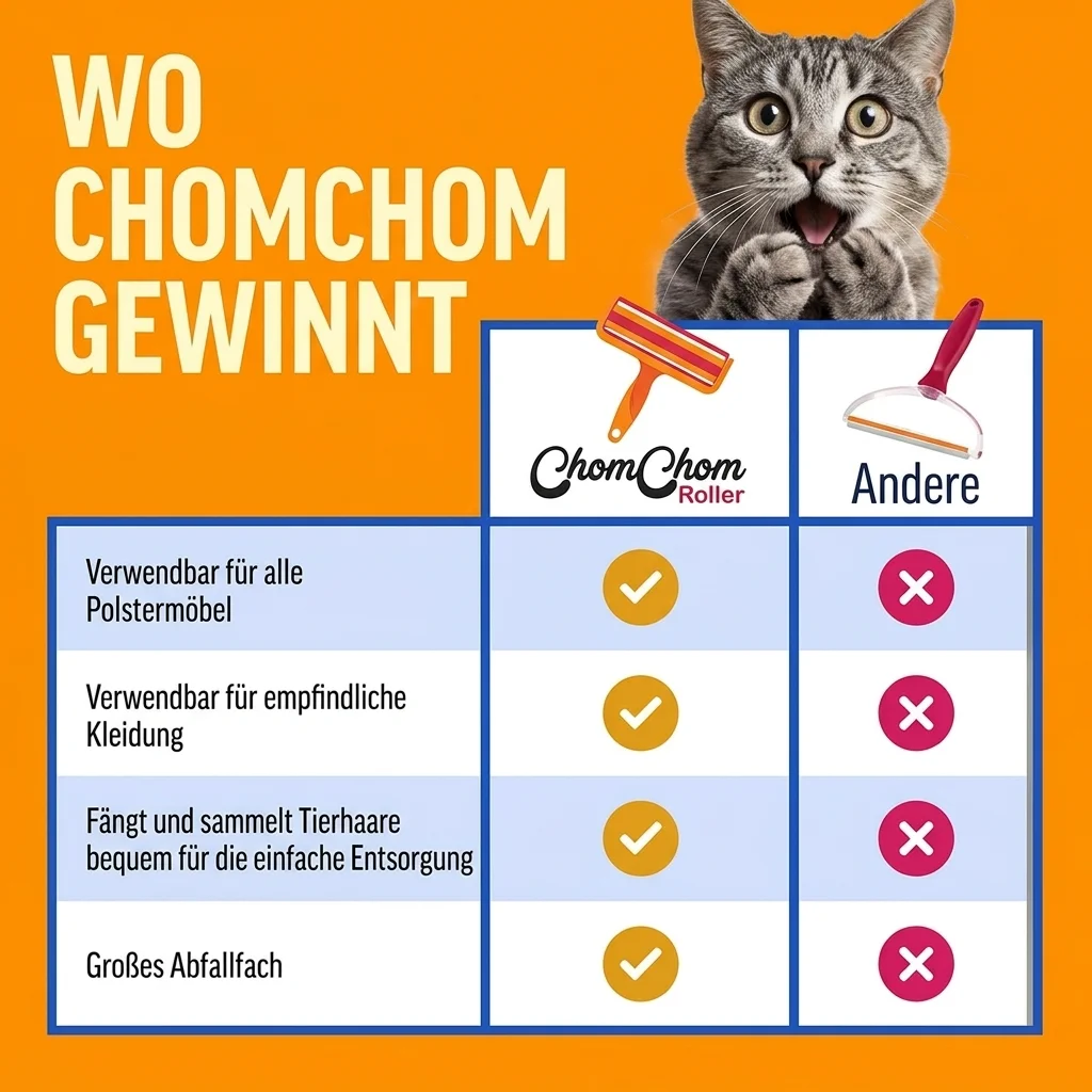 Vergleichstabelle des ChomChom Roller Tierhaarentferners mit einer Katze, die seine Überlegenheit gegenüber anderen Fusselentfernern für Möbel, empfindliche Kleidung und die effiziente Haaraufnahme zeigt.