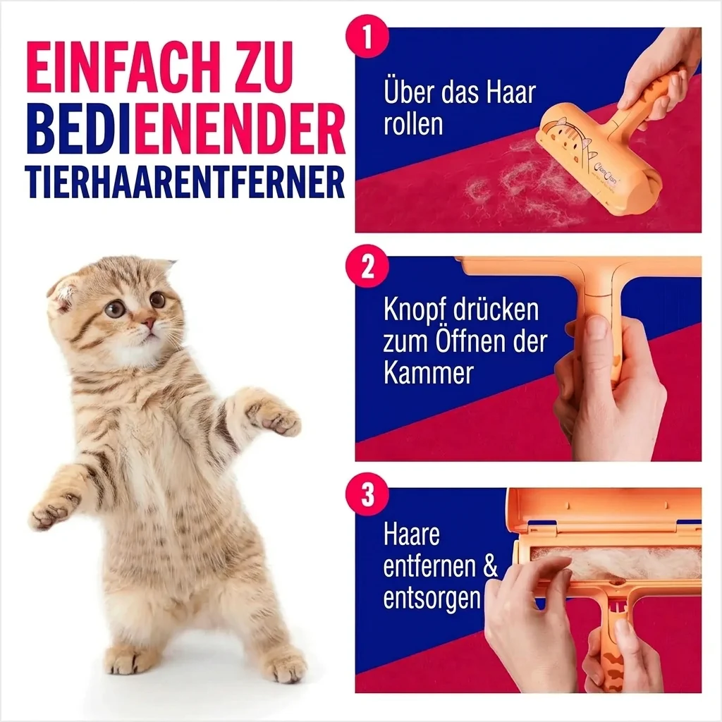 Demonstration eines einfach zu bedienenden Tierhaarentferners mit einem süßen Kätzchen, das zeigt, wie man die gesammelten Katzen- und Hundehaare rollt, öffnet und entsorgt.