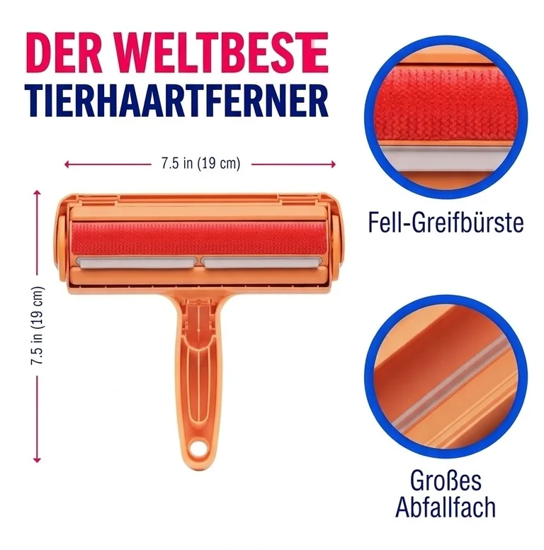 Orangefarbene Tierhaarentferner-Rollbürste mit Fellgreifer, großem Abfallbehälter, 7,5 Zoll breit, zur Entfernung von Hunde- und Katzenhaaren.
