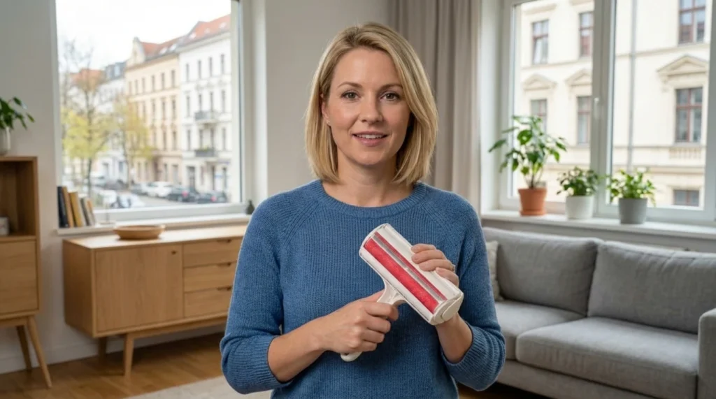 Eine junge Frau mit blondem Haar, die einen blauen Strickpullover trägt, hält lächelnd einen Fusselroller in einem hellen Wohnzimmer.